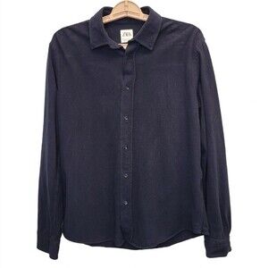 Zara Knit Shirt Cotton Mens L Textured Button Down Shirt Elbow Patches Navy Blue
